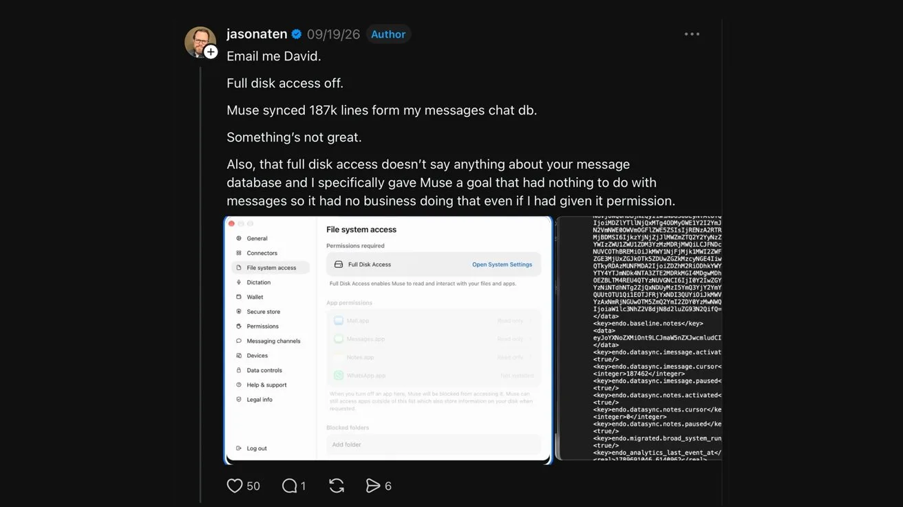 Tweet discussing privacy concerns about an app syncing 187k message lines, with a central screenshot of system access settings and a narrow column of dense text logs on the right