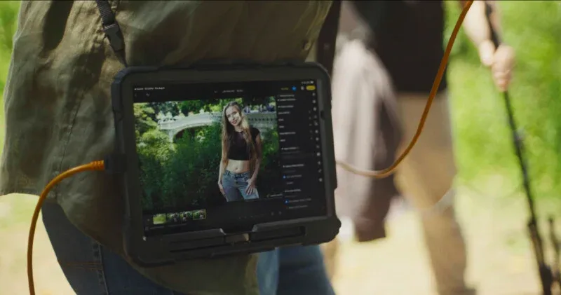 A person wears a tablet in a protective case strapped to their chest, displaying a portrait of a woman standing in a park.