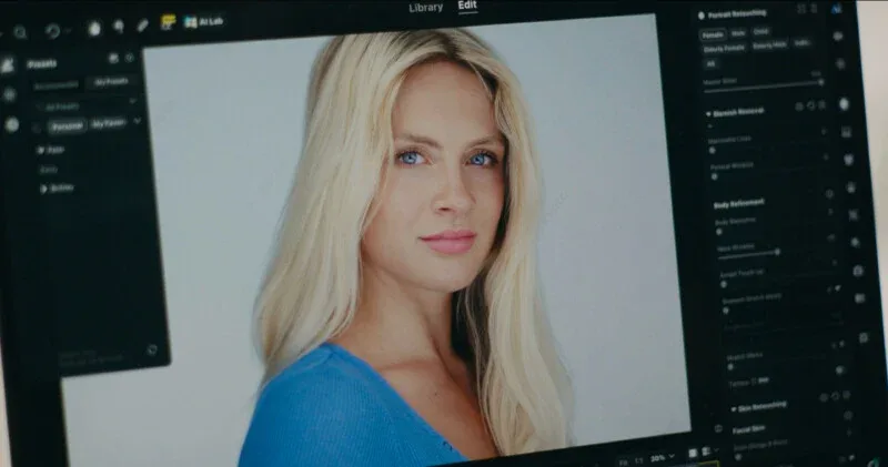 A computer screen displays a portrait editing software interface featuring a blonde woman with blue eyes wearing a blue top.