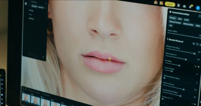 A computer monitor displays a photo editing interface showing a close-up of a person's face with a hand-shaped cursor over the lips.