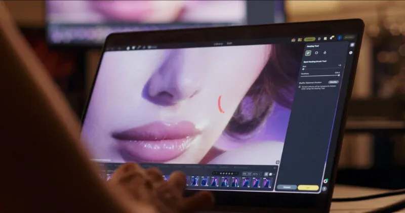 A person uses a laptop to edit a close-up portrait of a woman's face using a spot healing brush tool in photo editing software.