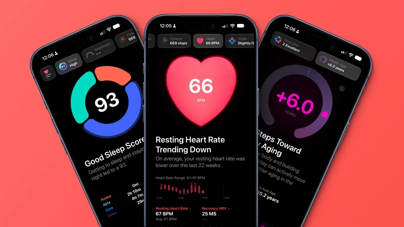 Three smartphones display colorful health app screens showing a sleep score, resting heart rate of 66 with a large heart icon, and fitness aging score, against a bright coral background