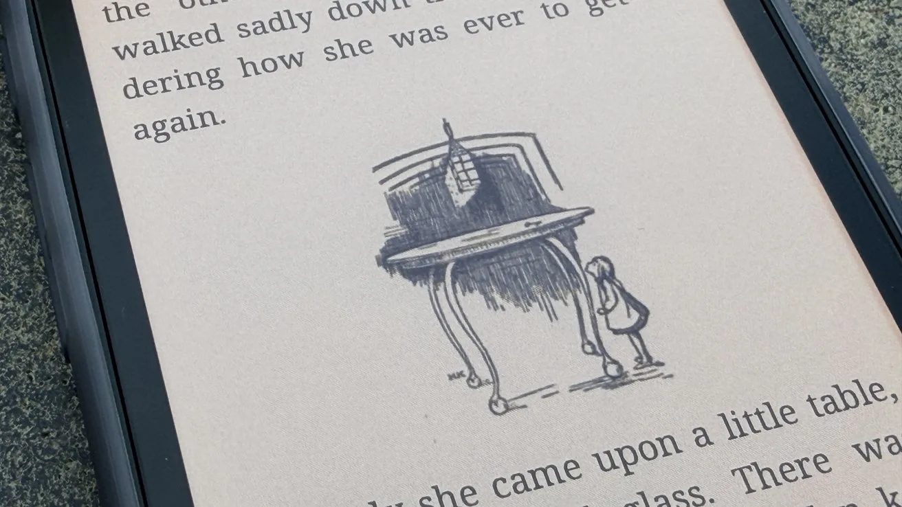 E-reader displaying text and a sketch of a girl looking at a tall table with a bottle on it.