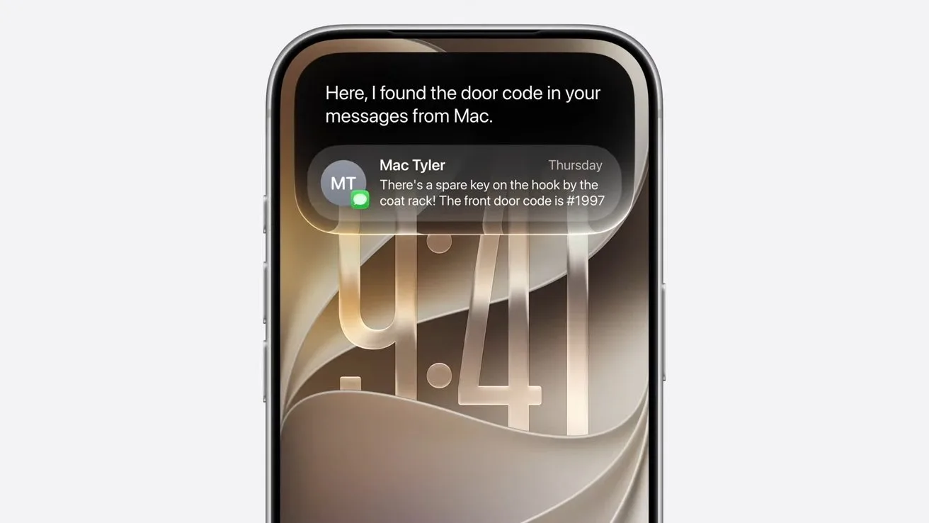 Smartphone lock screen displaying a large 9:41 clock, abstract beige wallpaper, and a notification preview of a text message about a spare key and door code