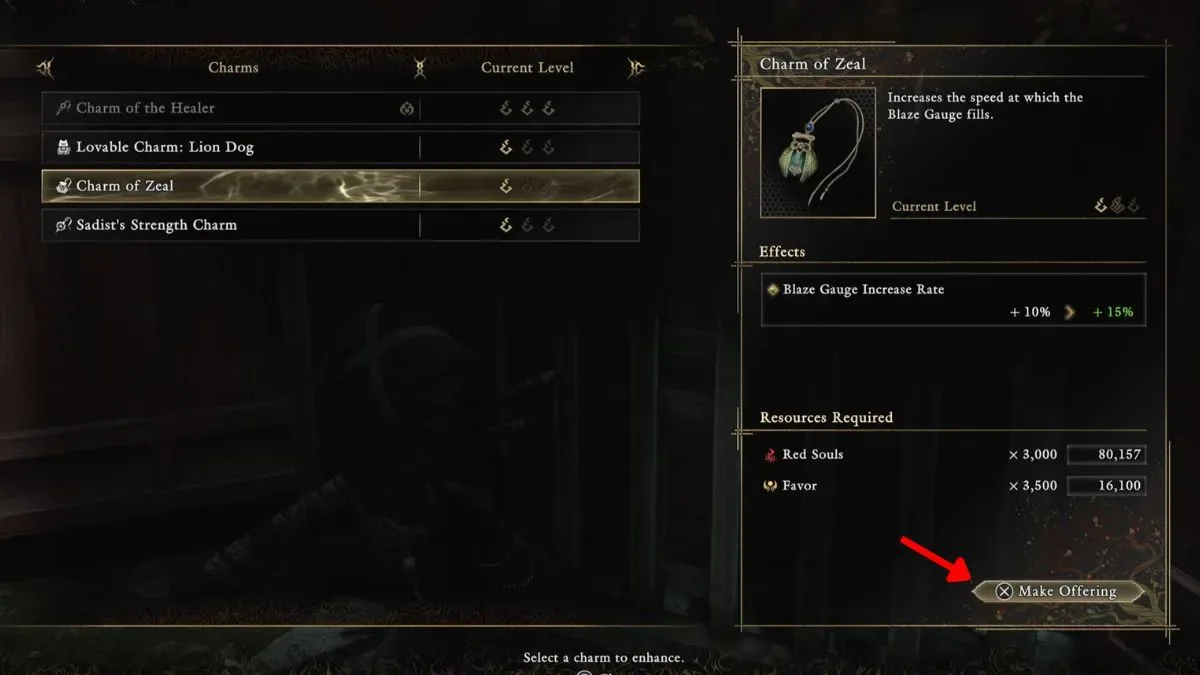 Make offerings to upgrade charms in Onimusha