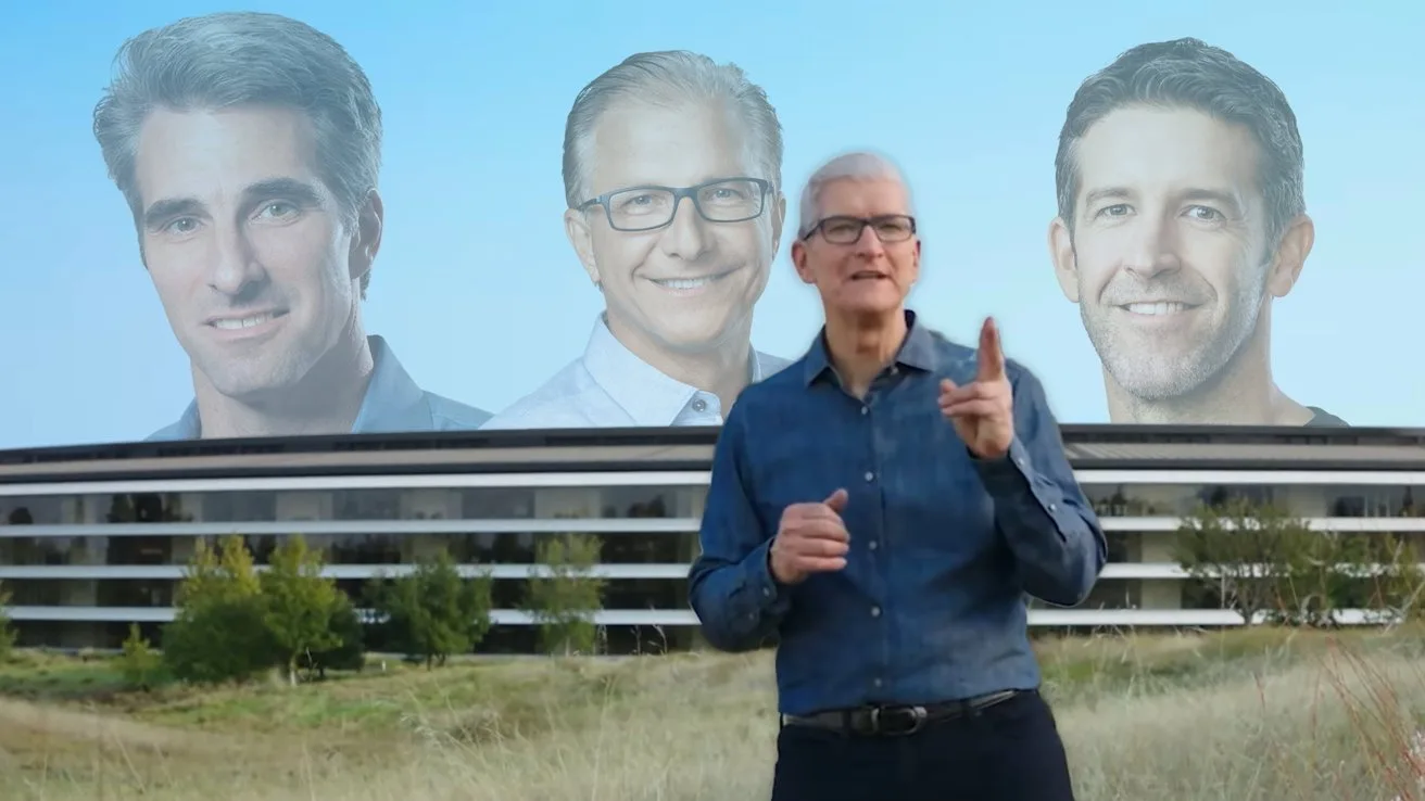 Man speaking outdoors in front of a modern circular office building, with three large translucent male faces floating in the sky behind him, suggesting a technology company presentation scene