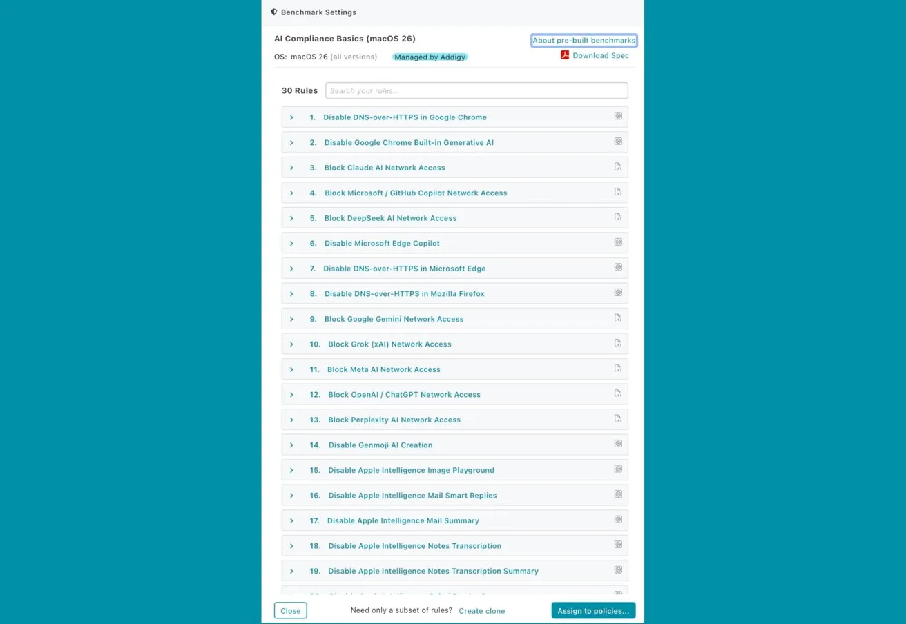 Screenshot of a web security dashboard listing numbered URL filtering rules, mostly blocking access to Google, Microsoft, and social media sites, with checkboxes, navigation sidebar, and action buttons at bottom