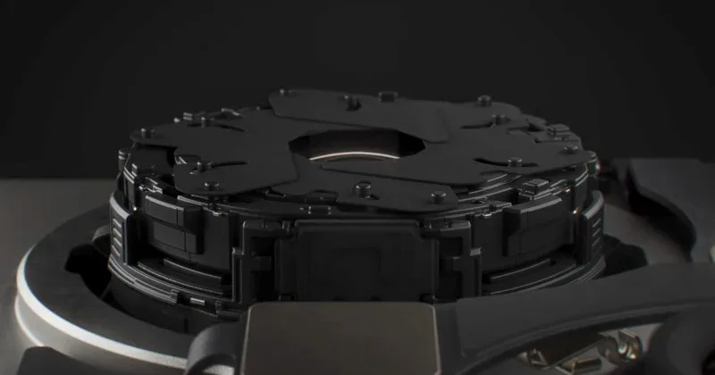 A close-up view of a mechanical camera aperture mechanism with overlapping black blades centered within a circular housing.