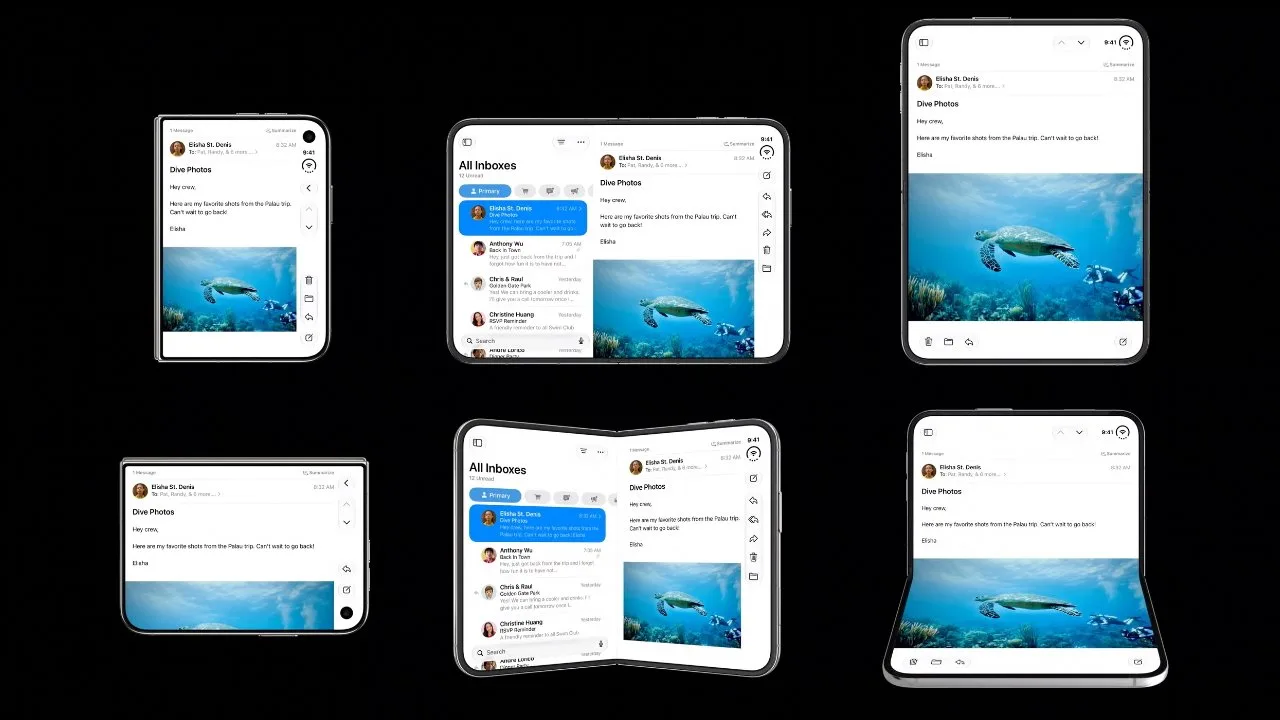 Six foldable smartphones on a black background, each showing a messaging app with a conversation list and an open chat displaying an underwater sea turtle photo in different screen orientations