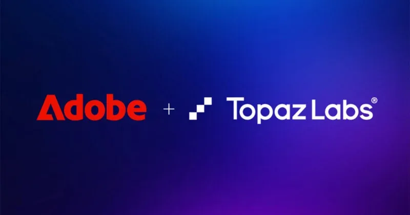 The Adobe logo and the Topaz Labs logo are separated by a plus sign against a blue and purple gradient background.