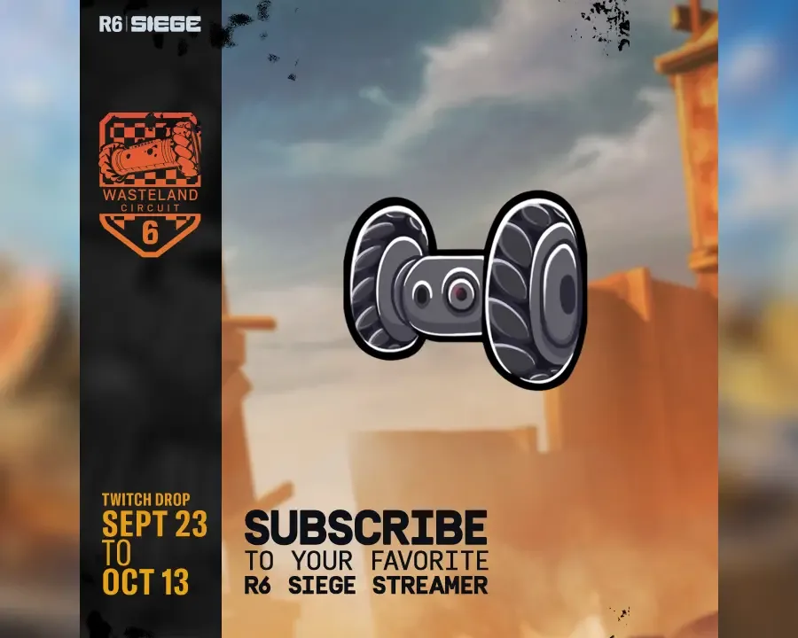 The image reveals the DRON-E chat badge and details on how to get it: subscribe to an R6 channel from Sept. 23 to Oct. 13.