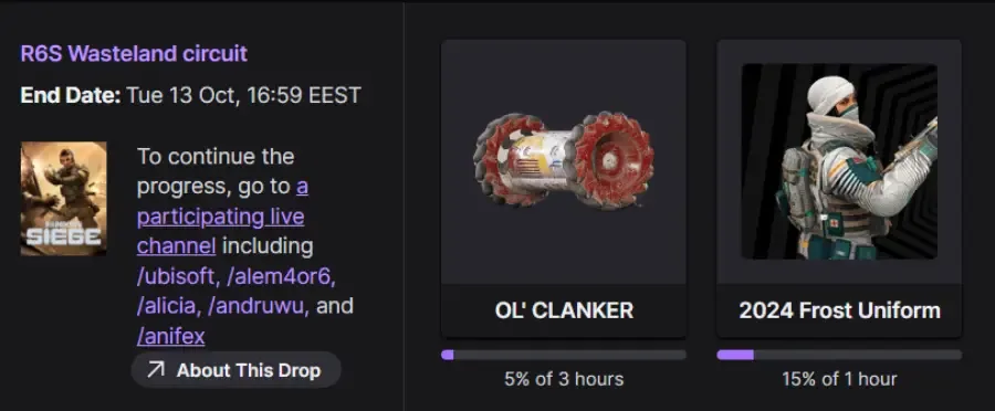 It’s a Twitch screenshot: R6 Siege drops in the inventory, the OL' CLANKER drone skin and 2024 Frost Uniform.