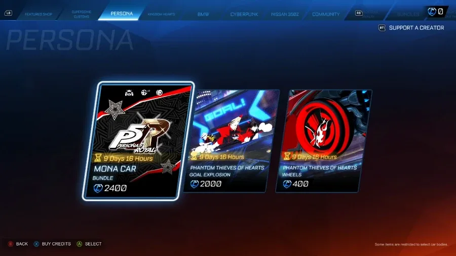 The Rocket League screenshot reveals all collaboration bundles in the item shop during the Persona 5 Royal limited-time event (LTE).
