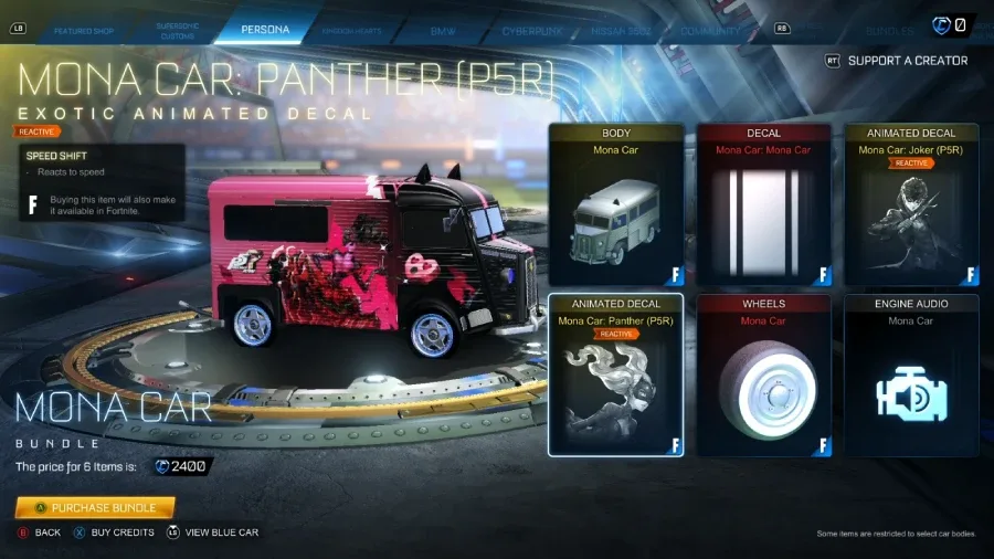 The Rocket League screenshot features Mona Car in the item shop: a collaboration car body with the Panther Persona 5 decal.