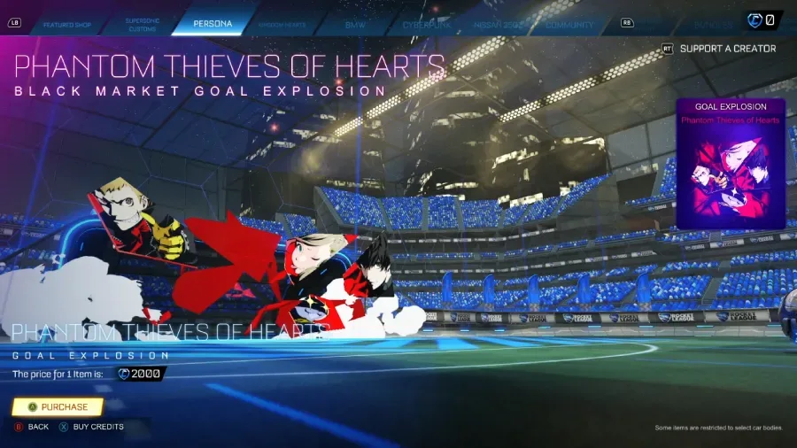 The Rocket League screenshot features the Persona 5 goal explosion in the item shop: a collaboration animation.