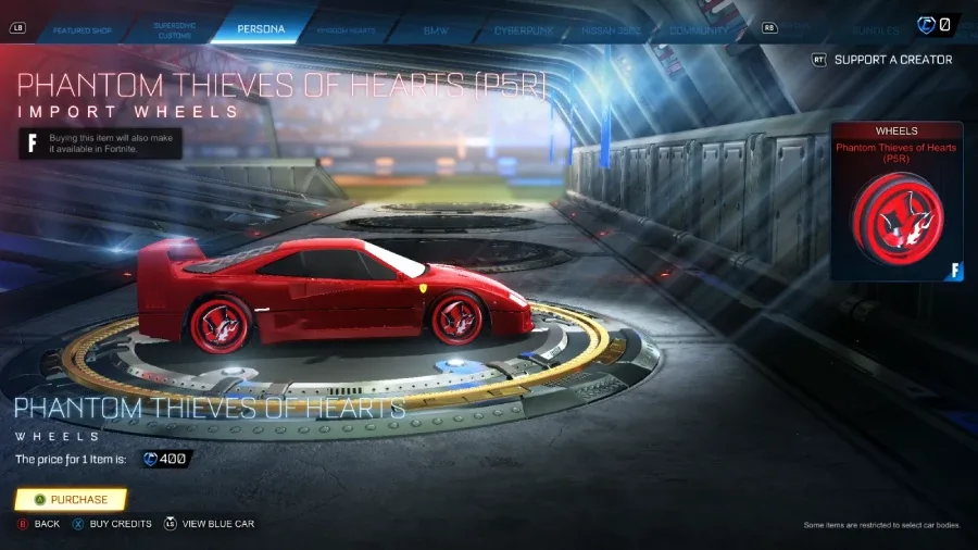 The Rocket League screenshot features the Persona 5 wheels, Phantom Thieves of Hearts, in the item shop: a collaboration item.