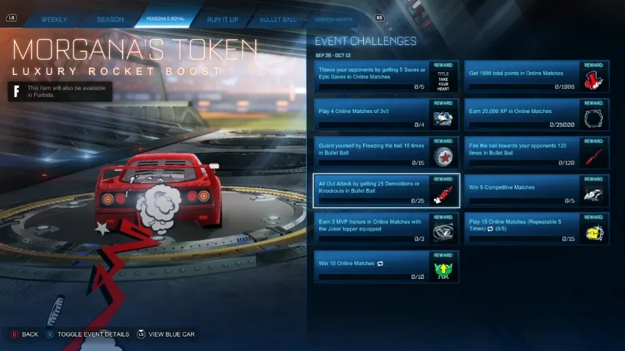The Rocket League screenshot features the Morgana’s Token boost from Persona challenges.