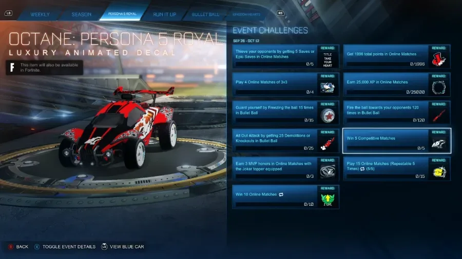 The Rocket League screenshot features the Persona 5 Royal decal from Persona challenges.