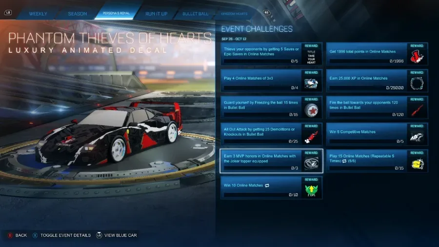 The Rocket League screenshot features the Phantom Thieves of Hearts decal from Persona challenges.