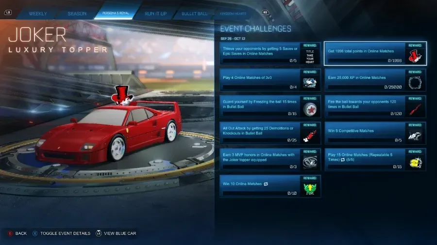The Rocket League screenshot features the Joker topper from Persona challenges.