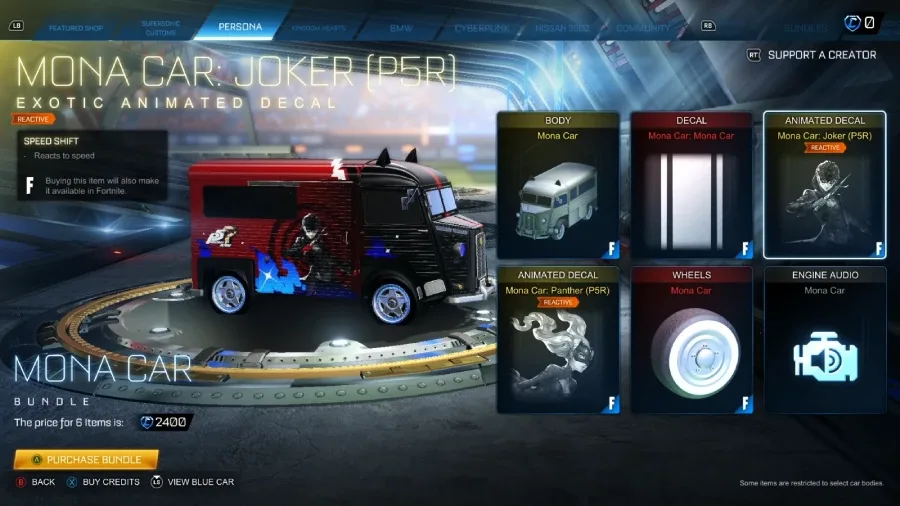 The Rocket League screenshot features Mona Car in the item shop: a collaboration car body with the Joker Persona 5 decal.