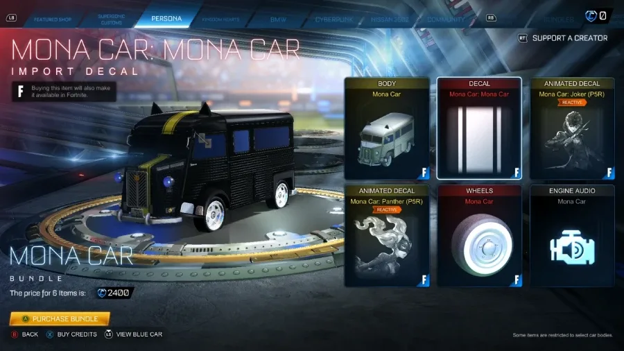 The Rocket League screenshot features Mona Car in the item shop: a collaboration car body with the original Persona 5 decal.