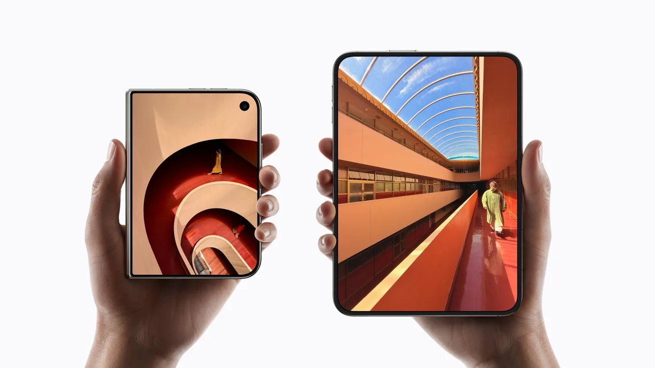 Two hands holding foldable iPhone Duo models, one closed and one open, each displaying colorful architectural scenes with curved red structures and a bright blue sky in a modern, minimal setting