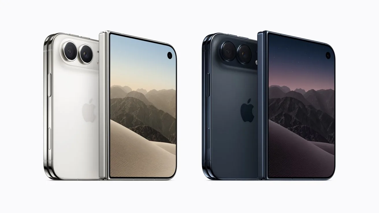 Two iPhone Duo models side by side, one silver and one dark blue, partially open to show mountain-scenery screens, with dual rear cameras and reflective Apple logos on the back