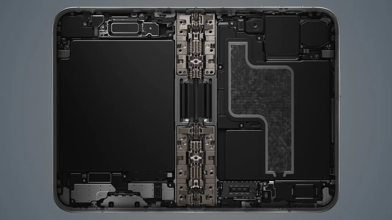 Open iPhone Duo chassis viewed from above, showing internal components, dual black battery areas, central hinge mechanism, and circuit boards arranged symmetrically inside a rectangular metallic frame