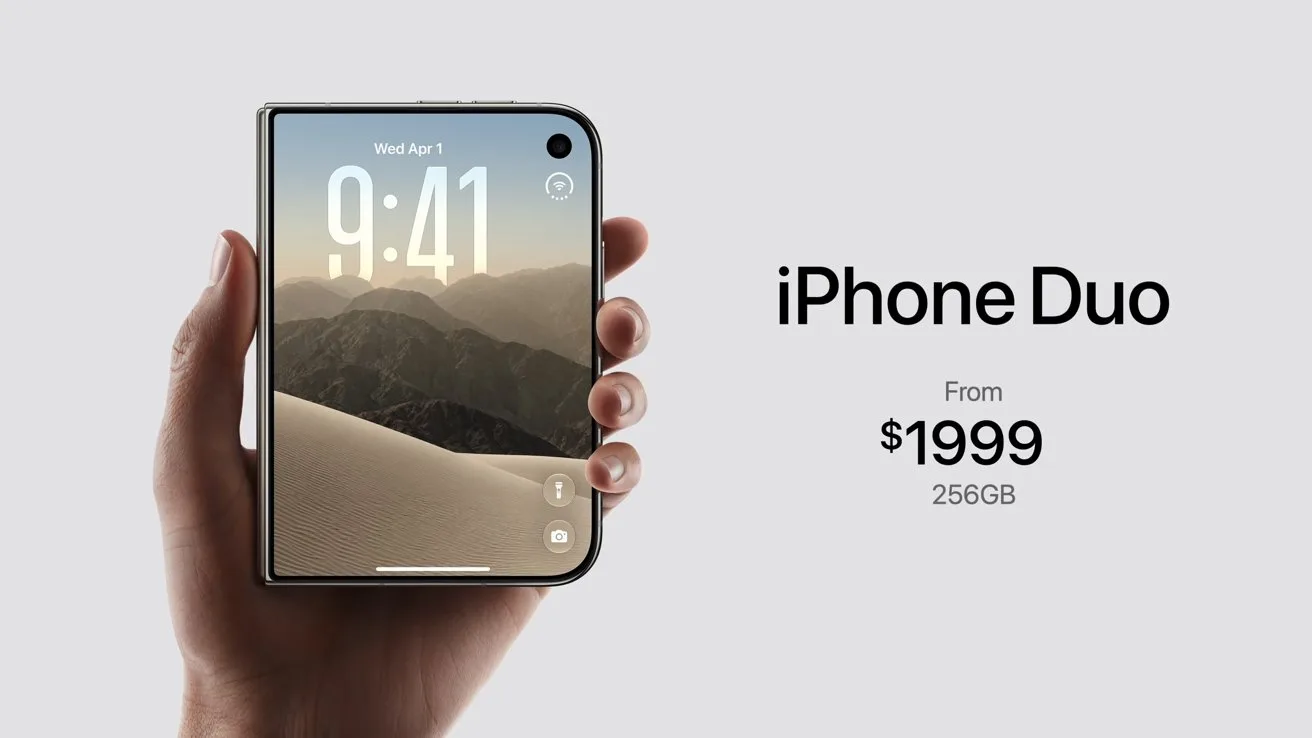 Hand holding a foldable smartphone with mountain wallpaper and 9:41 time display, alongside text advertising iPhone Duo starting at 1999 dollars with 256GB storage on light gray background