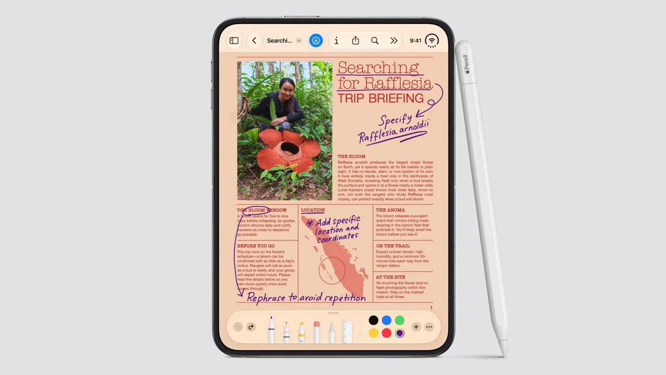 iPhone Duo displaying a colorful digital notebook page about Rafflesia flowers, with photos and handwritten-style notes, accompanied by an Apple Pencil USB C resting along the tablet's right side