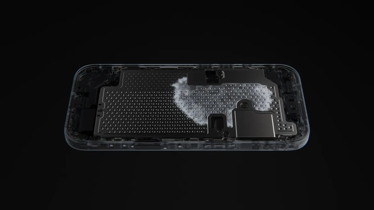 Transparent smartphone chassis showing internal components, with a highlighted cluster of tiny white dots across the center and right side, suggesting internal cooling or structural mesh on a dark background