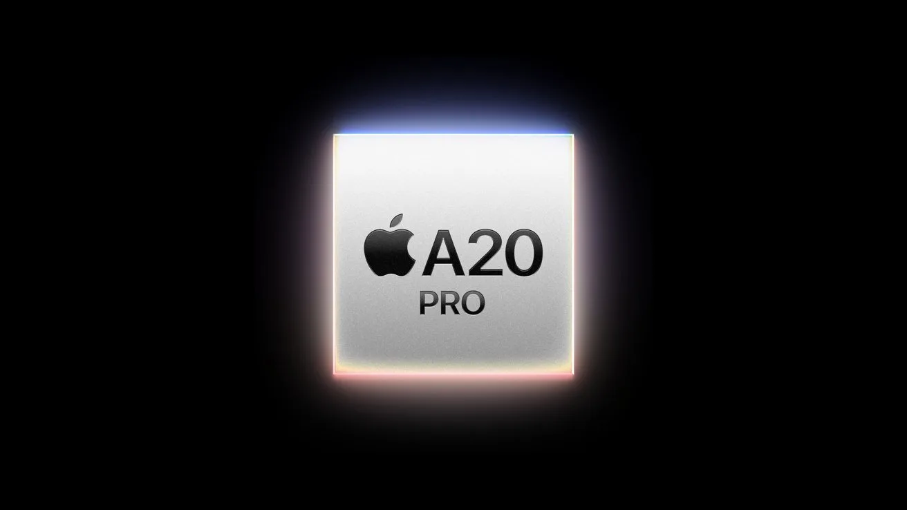 Glowing silver Apple A20 Pro chip centered on a dark background, softly illuminated edges creating a futuristic, high-tech appearance