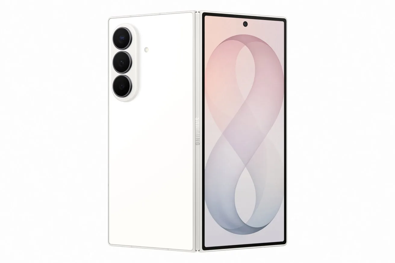 Foldable white smartphone partially open, showing front display with pastel number 8 wallpaper and centered selfie camera, and back with three vertically aligned rear cameras in black circles