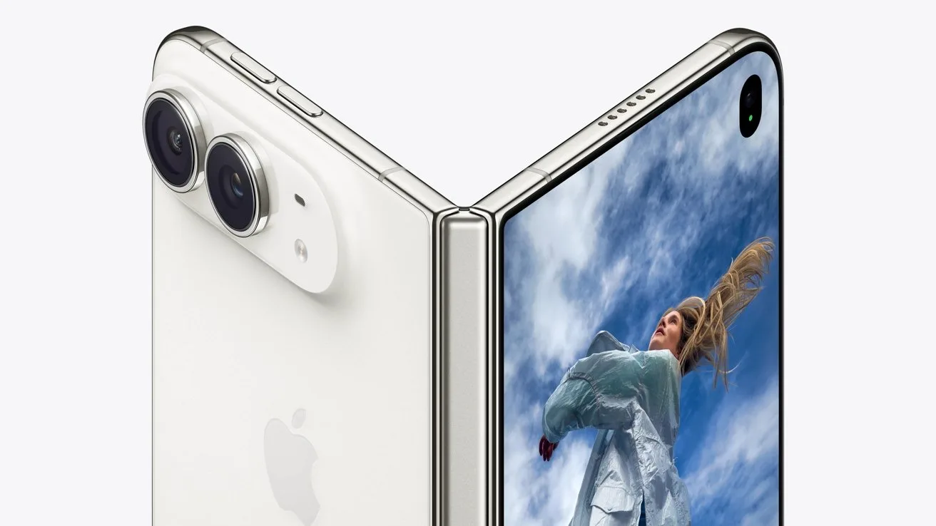 Foldable silver smartphone partially open, showing dual rear cameras and a large inner display with a woman in a silver outfit against a bright blue sky with clouds