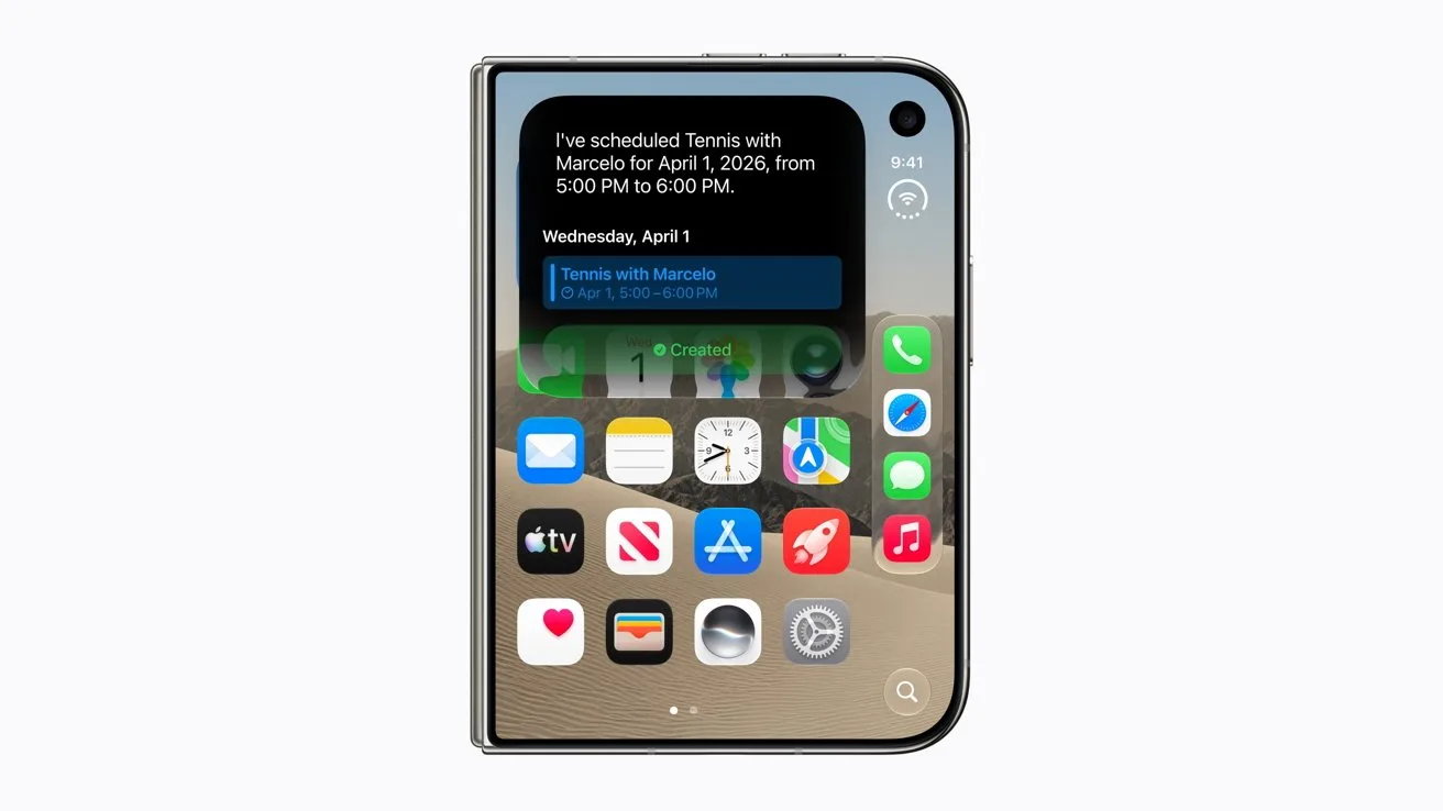 Foldable smartphone with large home screen showing app icons, calendar notification at top, rounded edges, and front-facing camera cutout in the upper-right corner on a light background