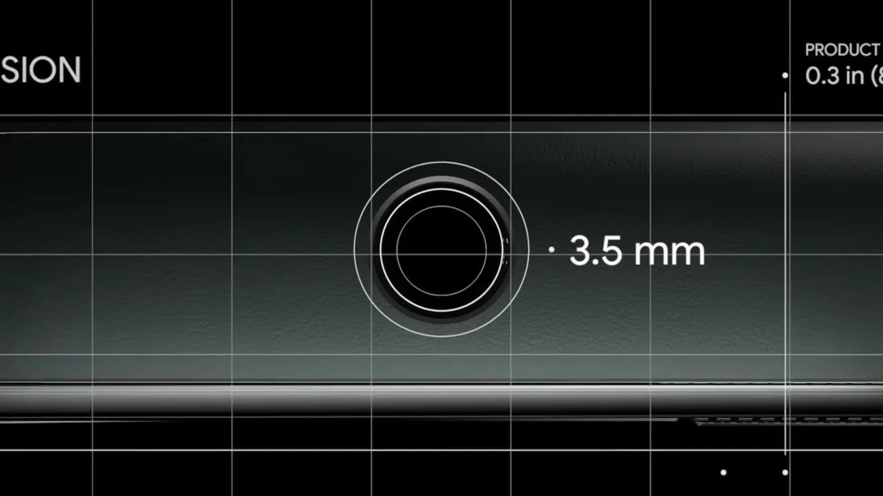 Side view of a slim device with a circular port labeled 3.5 mm, grid lines overlaid, and small text indicating product thickness of 0.3 inches