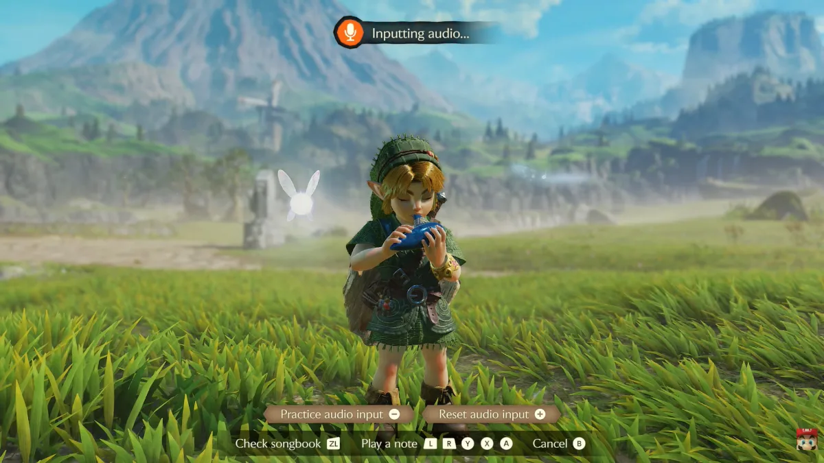 Humming into the Ocarina via the built-in Switch 2 microphone in The Legend of Zelda: Ocarina of Time Remake gameplay reveal.
