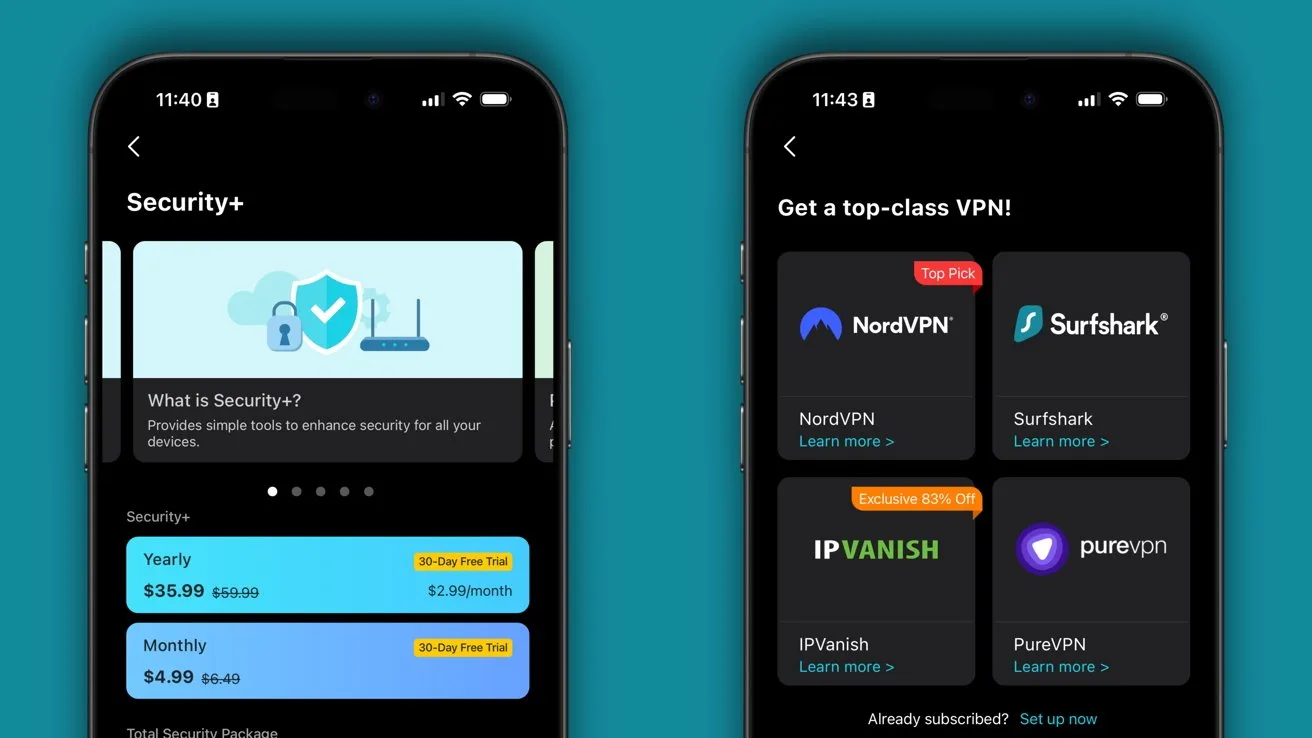 Two smartphone screens display VPN options and pricing plans, featuring colorful logos for NordVPN, Surfshark, IPVanish, and PureVPN. An option for Security+ with monthly and yearly rates is shown.