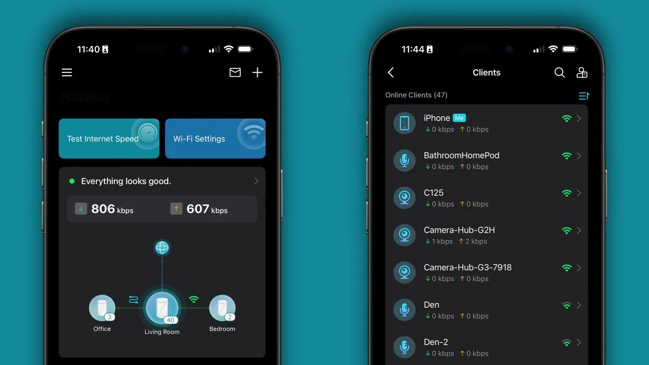 Two smartphone screens display a Wi-Fi management app with internet speed test, list of connected devices, and data usage information.