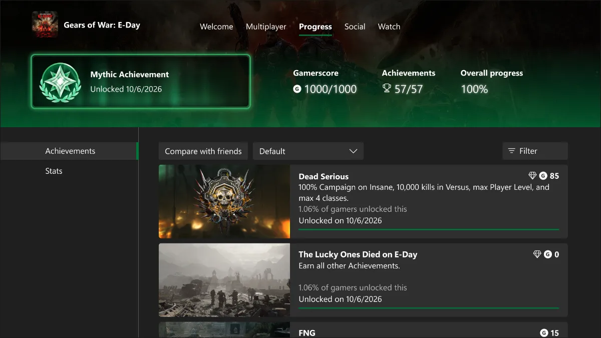 Gears of War E-Day's Mythic Achievement Status showcase for Xbox Insiders.