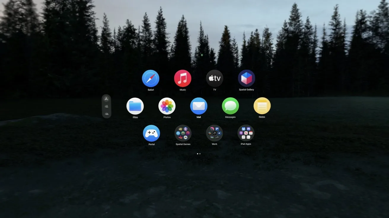 Floating circular app icons in virtual reality interface against a dark outdoor forest backdrop at dusk, with trees silhouetted and a dimly lit ground in the foreground