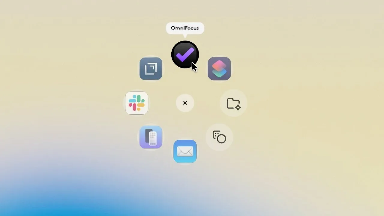Circular arrangement of eight app icons centered around a black icon with a purple checkmark, labeled OmniFocus, set against a beige to blue gradient background.
