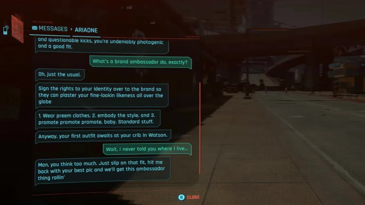 Ariadne quest conversation in Cyberpunk 2077.