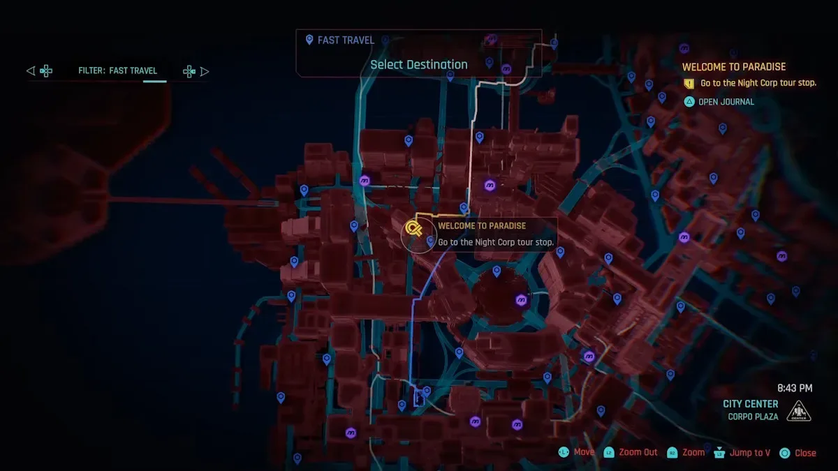 Cyberpunk 2077 Welcome to Paradise Night Corp tour stop in Downtown