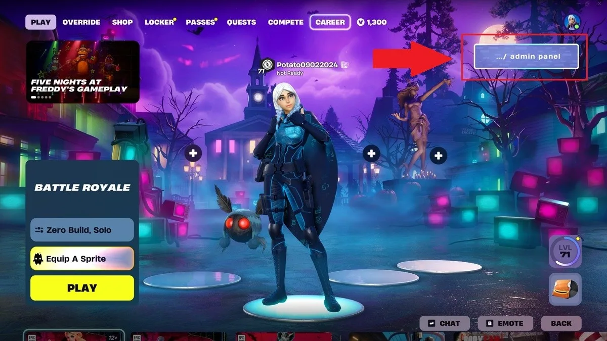 Lobby screen in Fortnite with admin panel on top right