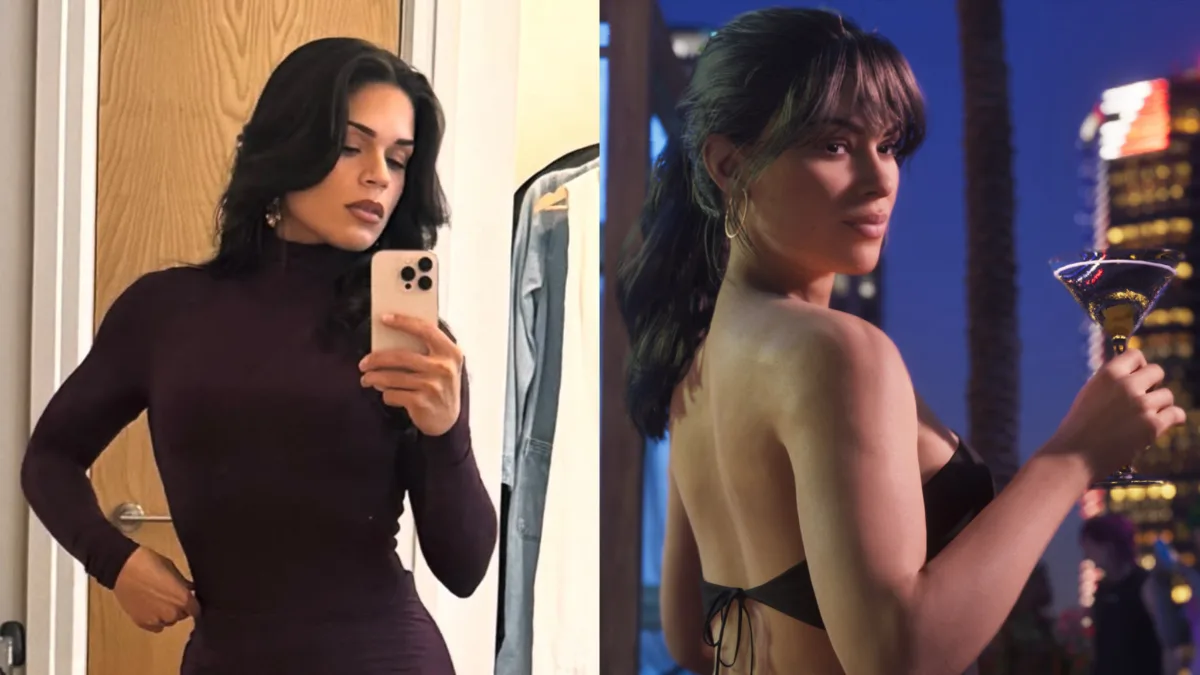 Manni L. Perez taking a selfie (left), Lucia Caminos in GTA 6 (right).