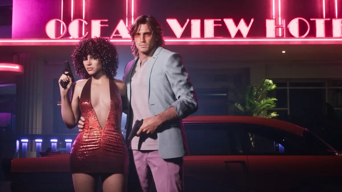 GTA 6 jason and lucia in Vintage Vice city pack cosmetics