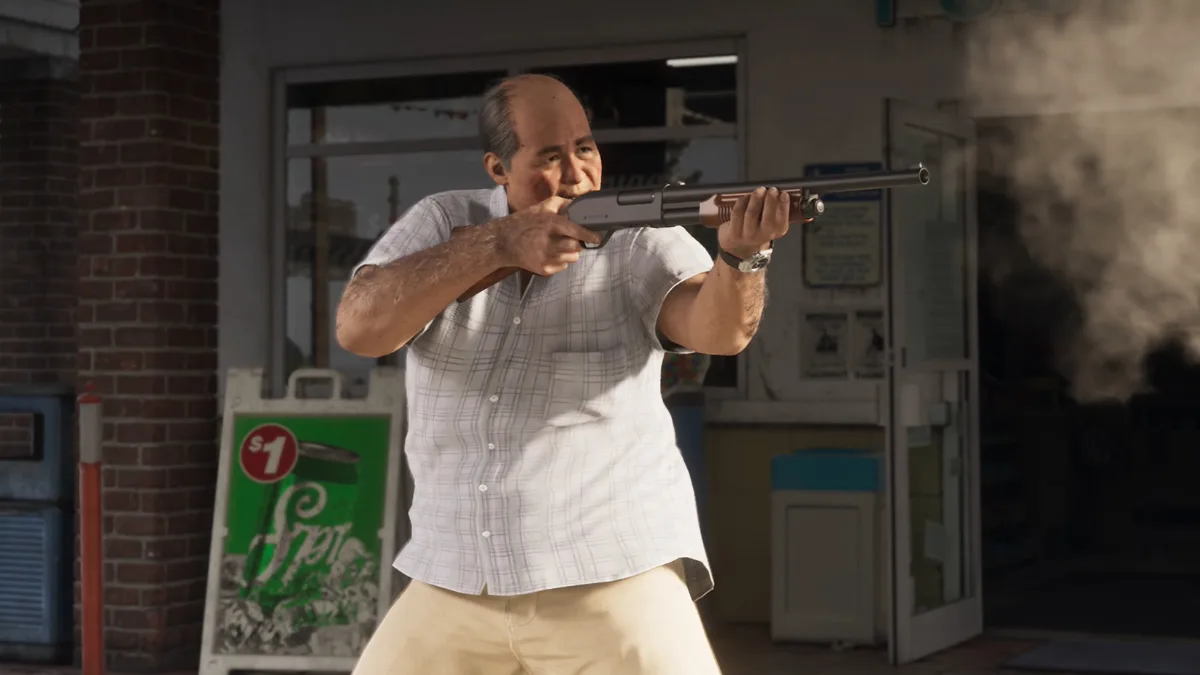 A storeowner in GTA 6 pointing a shotgun.