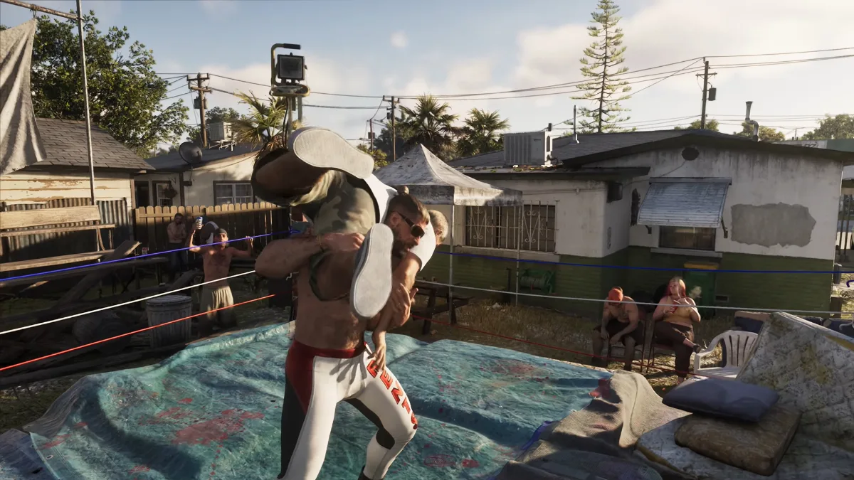 Jason wrestling in the backyard with a wrestler in GTA 6.
